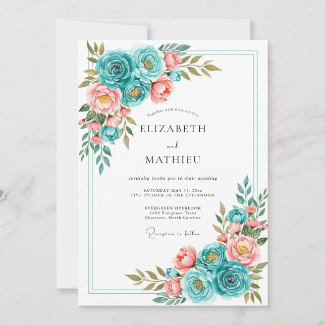 Teal Coral Bloom Romance Wedding Inbjudningar (Framsida)