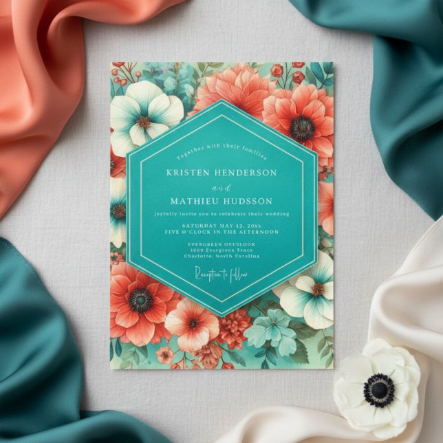 Teal Coral Bloom Romance Wedding Inbjudningar (Skapare uppladdad)