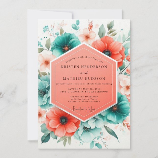 Teal Coral Blossom Romance Wedding Inbjudningar (Framsida)