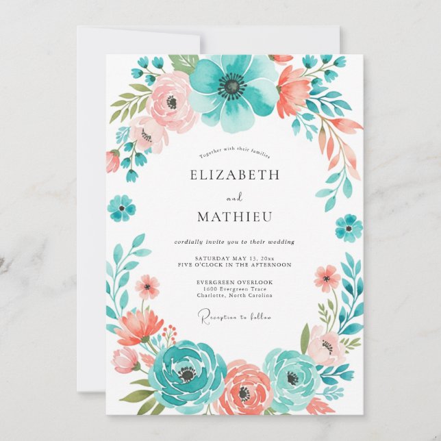 Teal Coral Botanical Bloom Wedding Inbjudningar (Framsida)