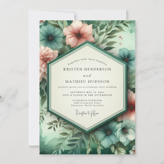 Teal Coral Botanical Romance Wedding Inbjudningar (Framsida)