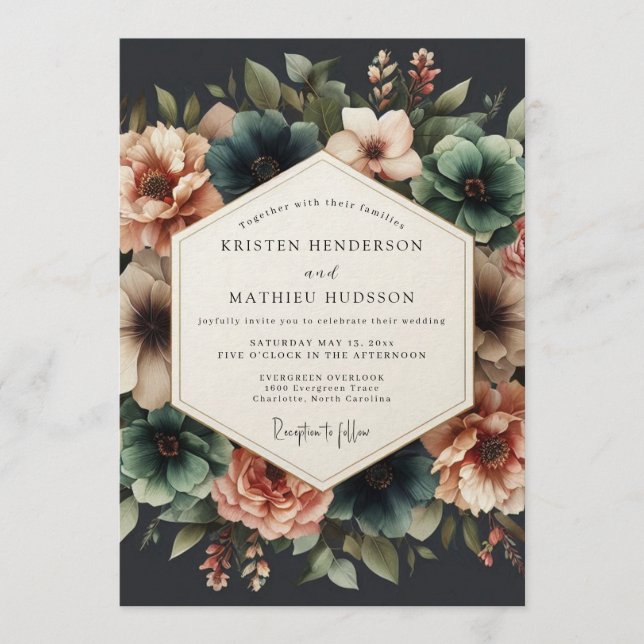 Teal & Coral Dramatic Floral Wedding Inbjudningar (Framsida)