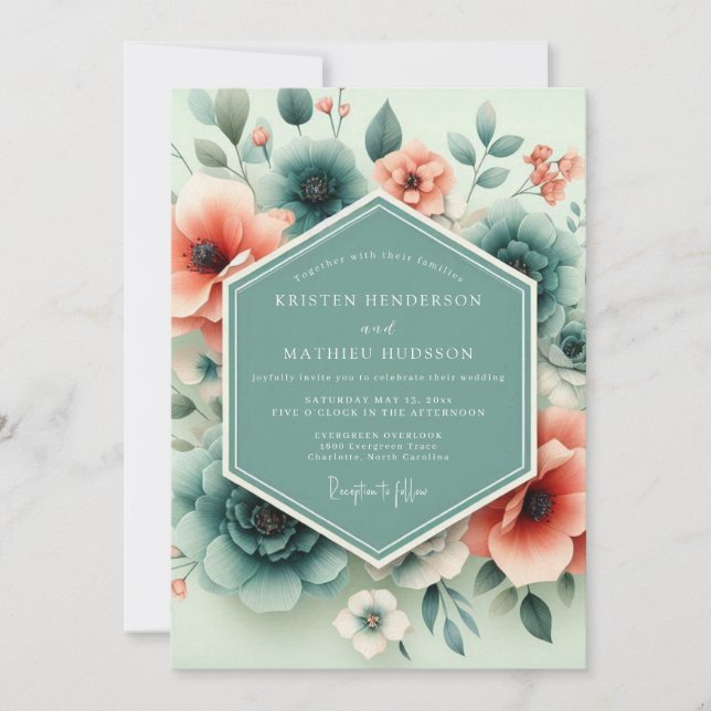 Teal Coral Ethereal Flora Wedding Inbjudningar (Framsida)