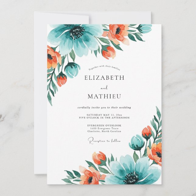 Teal Coral Exhilarating Summer Wedding Inbjudningar (Framsida)