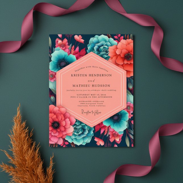 Teal Coral Floral Opulence Wedding Inbjudningar (Skapare uppladdad)