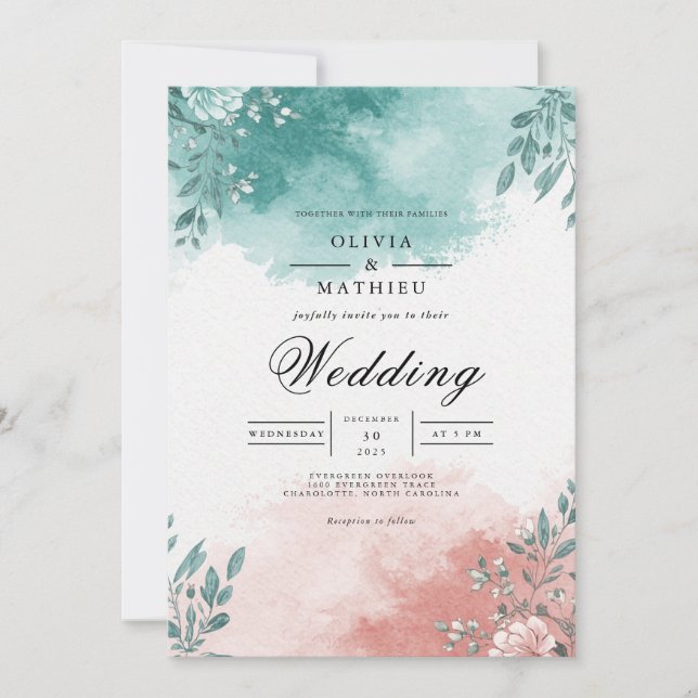 Teal Coral Floral Splash Wedding Inbjudningar (Framsida)