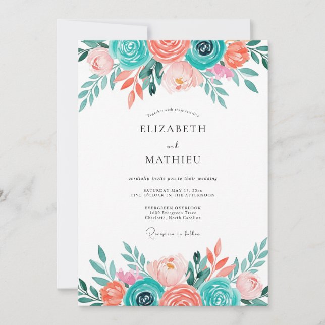 Teal Coral Floral Whimsical Wedding Inbjudningar (Framsida)