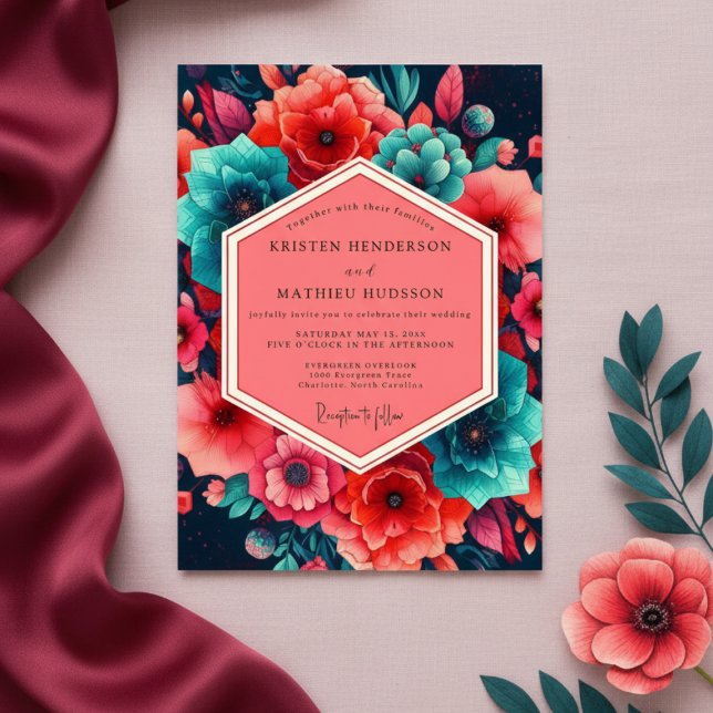 Teal Coral Lush Bloom Wedding Inbjudningar (Skapare uppladdad)