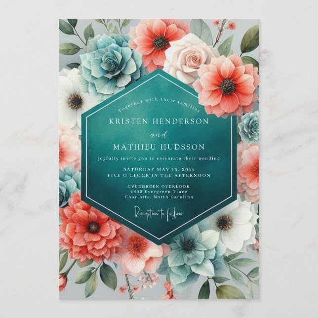 Teal Coral Lush Succulent Wedding Inbjudningar (Framsida)