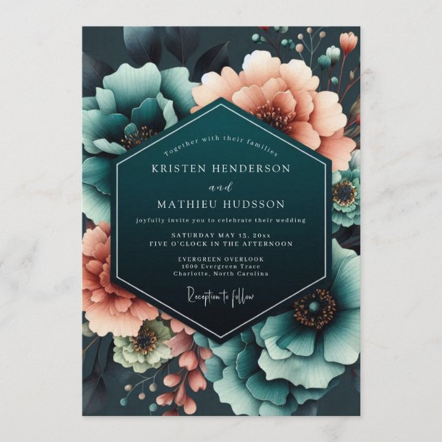Teal Coral Moody Bloom Wedding Inbjudningar (Framsida)
