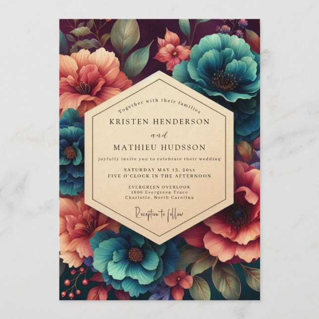 Teal & Coral Moody Botanical Wedding Inbjudningar (Framsida)