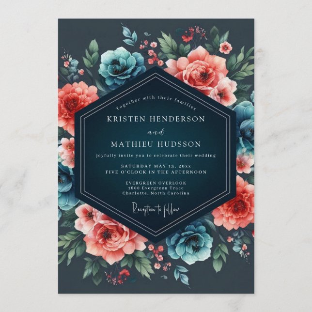Teal & Coral Nocturnal Bloom Wedding Inbjudningar (Framsida)