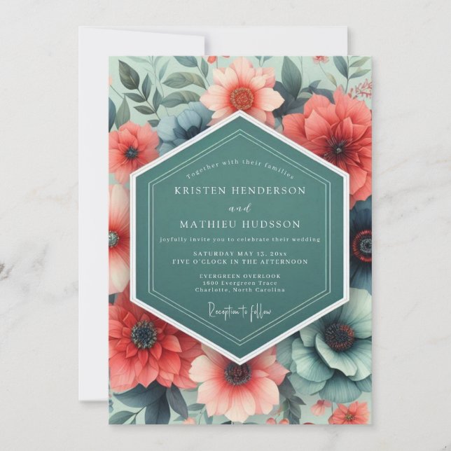 Teal Coral Opulent Flora Wedding Inbjudningar (Framsida)
