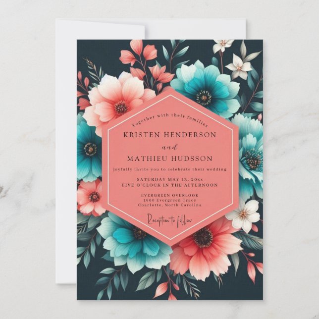 Teal Coral Painterly Bloom Wedding Inbjudningar (Framsida)