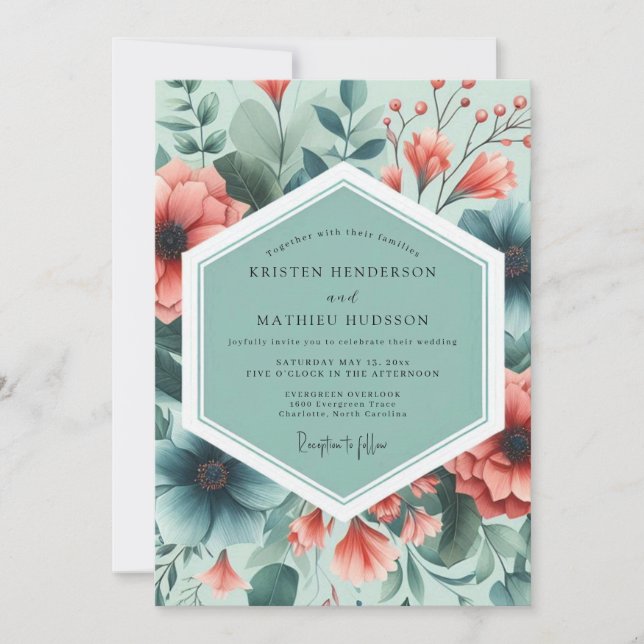 Teal Coral Painterly Flora Wedding Inbjudningar (Framsida)