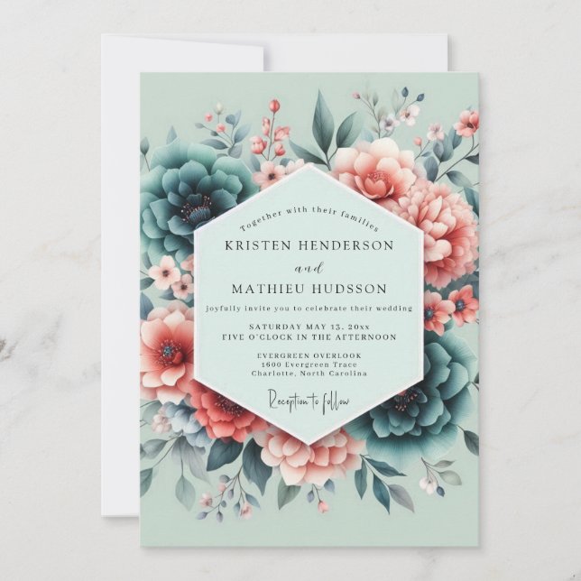 Teal Coral Painterly Wedding Inbjudningar (Framsida)
