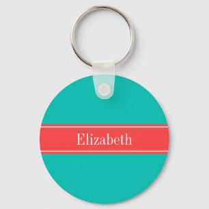 Teal, Coral Red Ribbon Namn Monogram Nyckelring