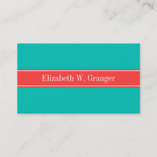 Teal, Coral Red Ribbon Namn Monogram Visitkort