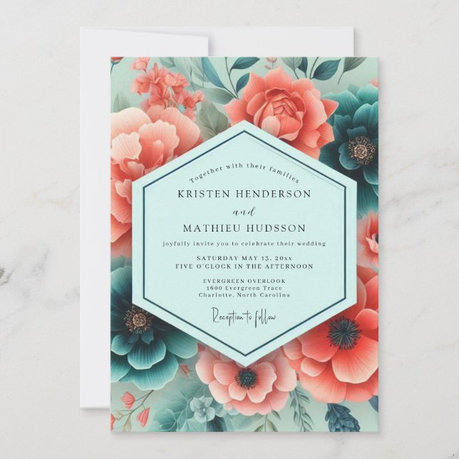 Teal Coral Rich Botanical Wedding Inbjudningar (Framsida)
