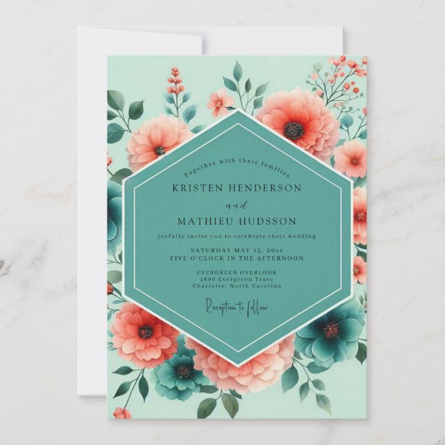 Teal Coral Vibrant Bloom Wedding Inbjudningar (Framsida)