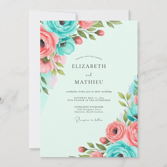 Teal Coral Vibrant Spring Wedding Inbjudningar (Framsida)