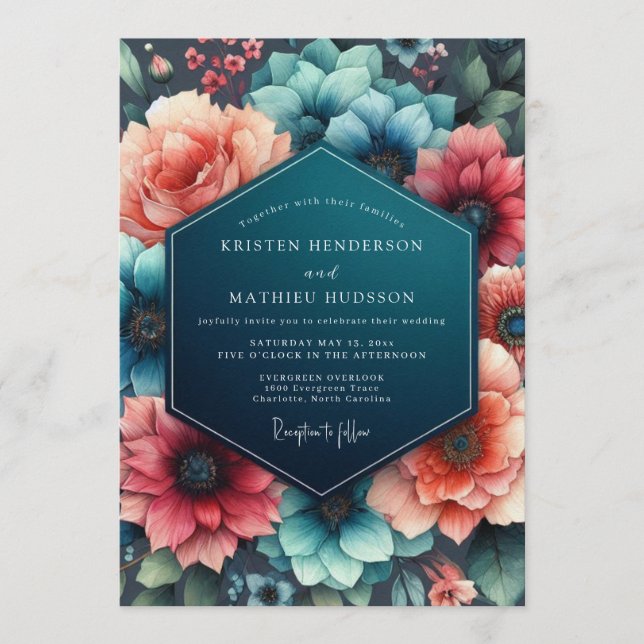 Teal Coral Wedding Inbjudningar (Framsida)