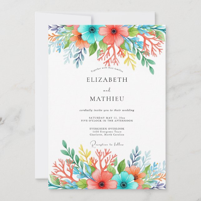 Teal Coral Whimsical Floral Wedding Inbjudningar (Framsida)