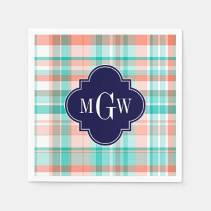 Teal Coral White Preppy Madras Monogram Pappersservett
