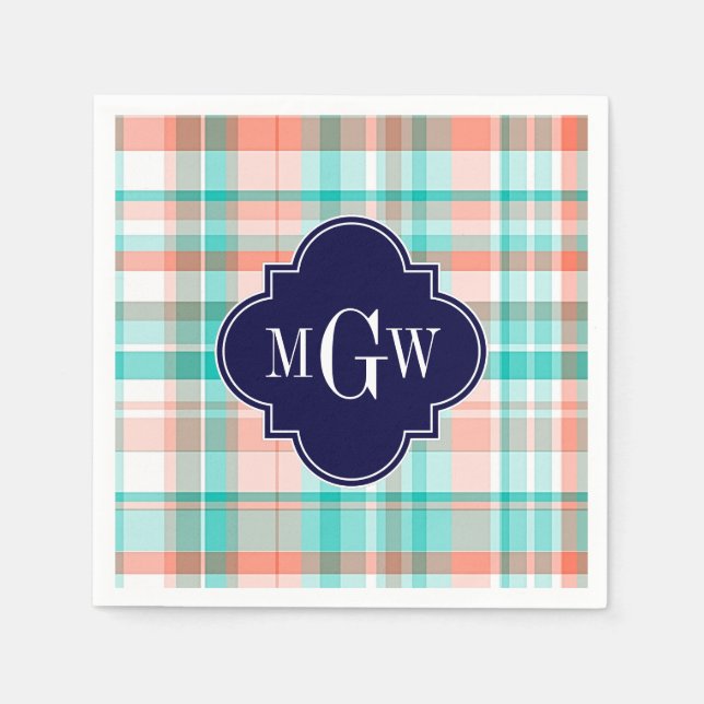 Teal Coral White Preppy Madras Monogram Pappersservett (Framsidan)
