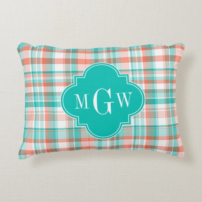 Teal Coral White Preppy Madras Monogram Prydnadskudde (Framsidan)