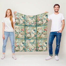 Teal Cottagecore Vintage Blommigt Quilt Mönster Fleecefilt