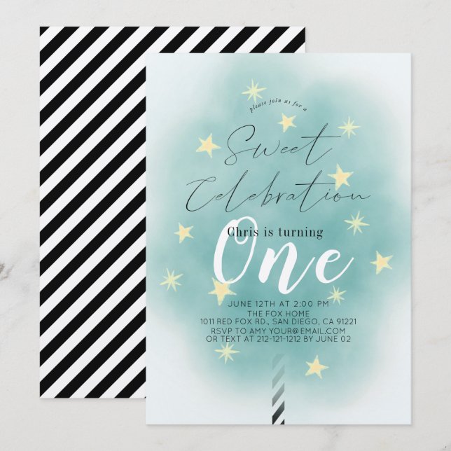 Teal Cotton Candy Sweet Boy 1st Birthday Inbjudningar (Fram/baksida)