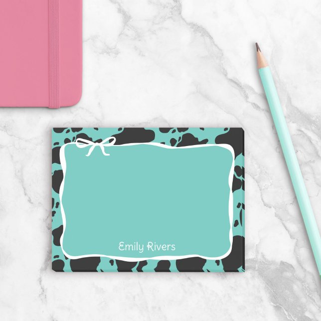 Teal Cow Print & White Bow With Your Name Post-it Block (Skapare uppladdad)
