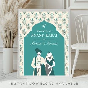 Teal Cream Anand Karaj Sikh Bröllops Välkomstskylt Poster
