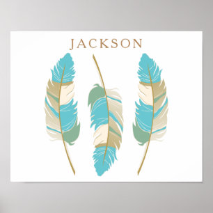 Teal, Cream och Grönt Feathers med DIY Namn Poster