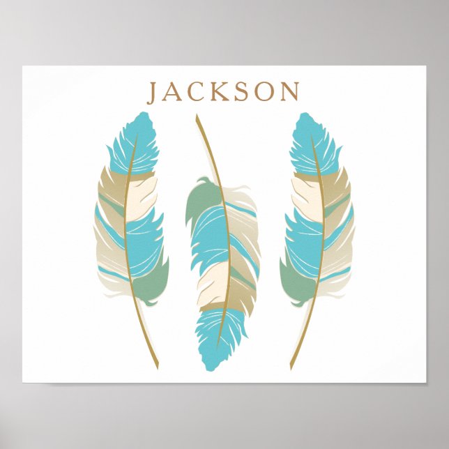 Teal, Cream och Grönt Feathers med DIY Namn Poster (Framsidan)