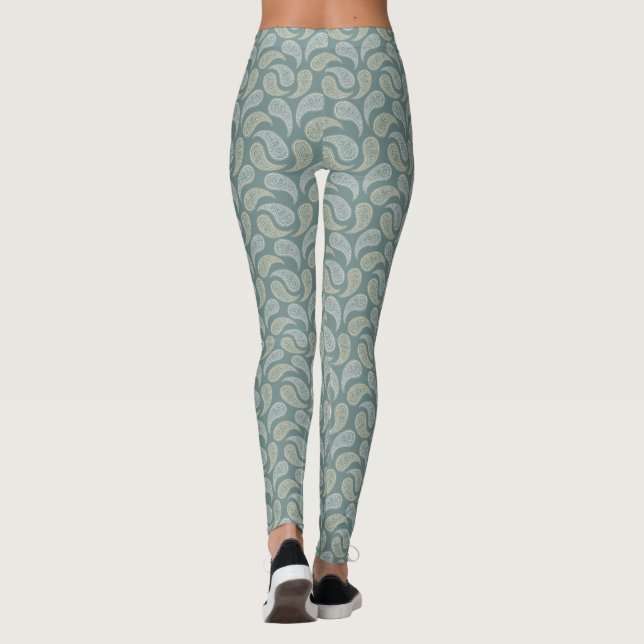Teal-Cream Paisley Mönster Leggings (Baksida)