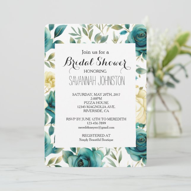Teal Cream Rose Floral Bridal Shower Inbjudningar (Stående Fram)