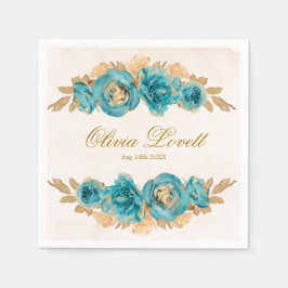 Teal Creamy Guld Watercolor Blommigt Möhippa Pappersservett