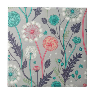 Teal & Crimson Dandelion Dream - Stylized Blommigt Kakelplatta