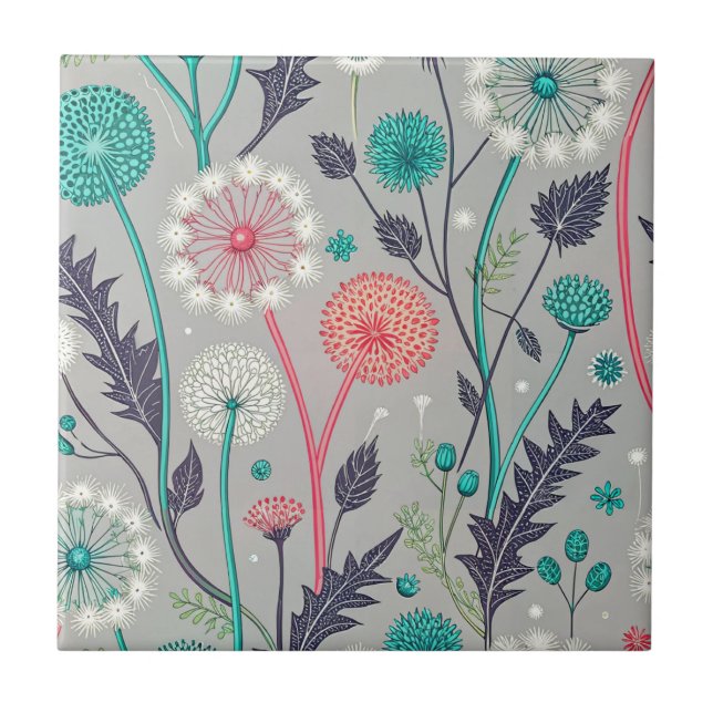Teal & Crimson Dandelion Dream - Stylized Blommigt Kakelplatta (Framsidan)
