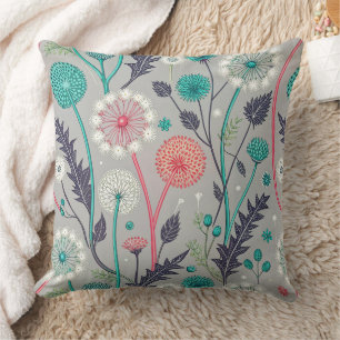 Teal & Crimson Dandelion Dream - Stylized Blommigt Kudde