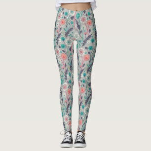 Teal & Crimson Dandelion Dream - Stylized Blommigt Leggings