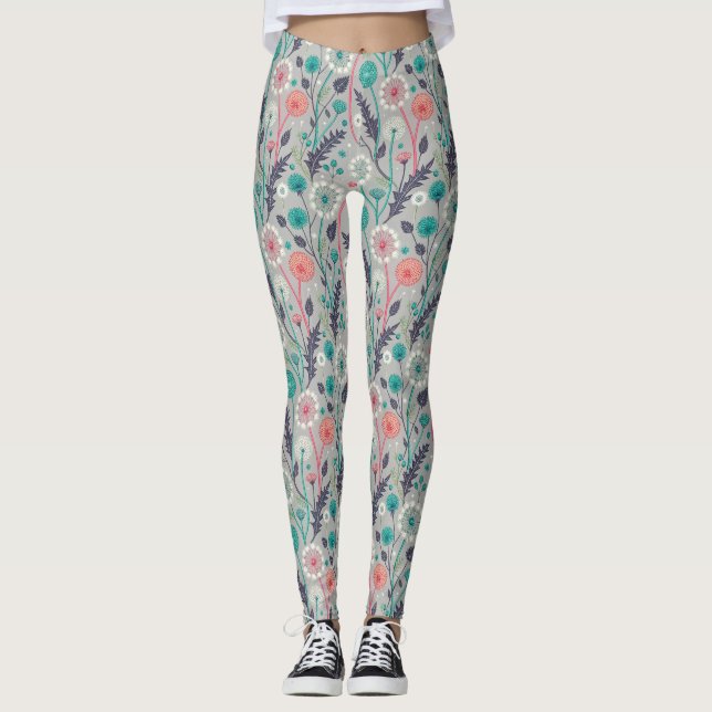 Teal & Crimson Dandelion Dream - Stylized Blommigt Leggings (Framsida)