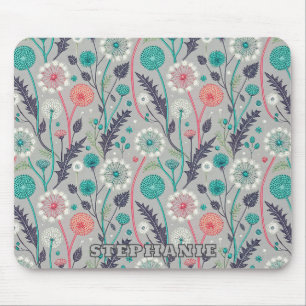 Teal & Crimson Dandelion Dream - Stylized Blommigt Musmatta