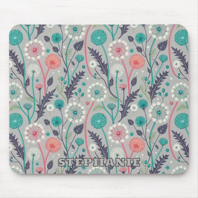 Teal & Crimson Dandelion Dream - Stylized Blommigt Musmatta (Framsidan)
