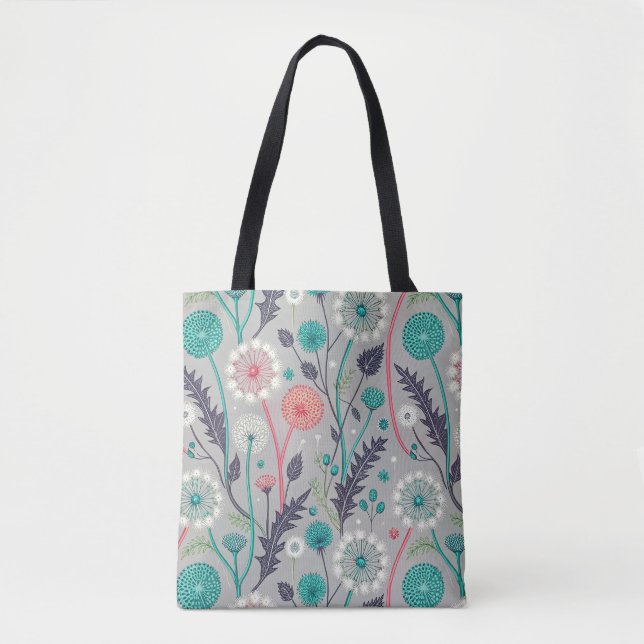Teal & Crimson Dandelion Dream - Stylized Blommigt Tygkasse (Framsida)