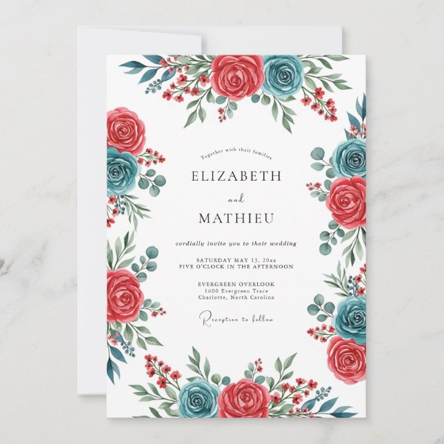 Teal Crimson Spirited Botanical Wedding Inbjudningar (Framsida)