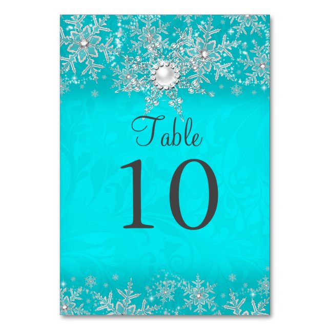 Teal Crystal Pearl Snowflake Bordsnummer Card (Framsidan)