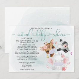 Teal Cute Animals in Masks Virtuell Baby Shower Inbjudningar